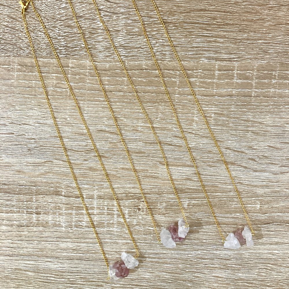 Natural Raw Cut Purple Amethyst and Clear Quartz Stone Pendant Gold Necklace - Picture 3 of 5